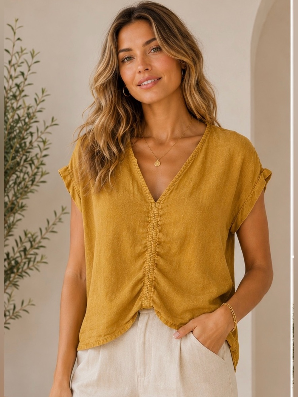 Tahari Golden Mustard 100% Linen V-Neck Gathered Front Blouse Small